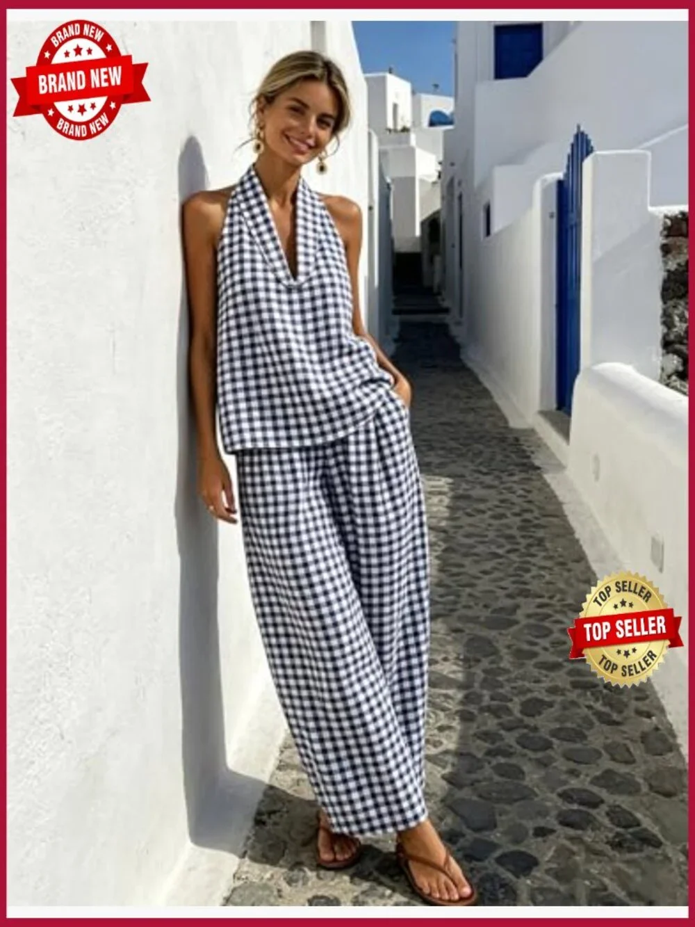 2 Piece Tank Top Wide Leg Pants Set Lounge Set Matching Sets with Pockets Plaid